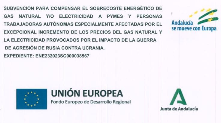 Subvención para compensar el sobrecoste energético. Unión Europea y Junta de Andalucía.